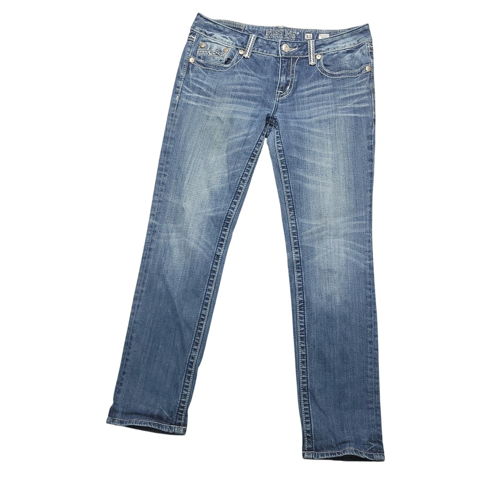 Miss‎ Me Jeans Womens 31 Blue Medium Wash Low Rise Skinny Rhinestone Denim